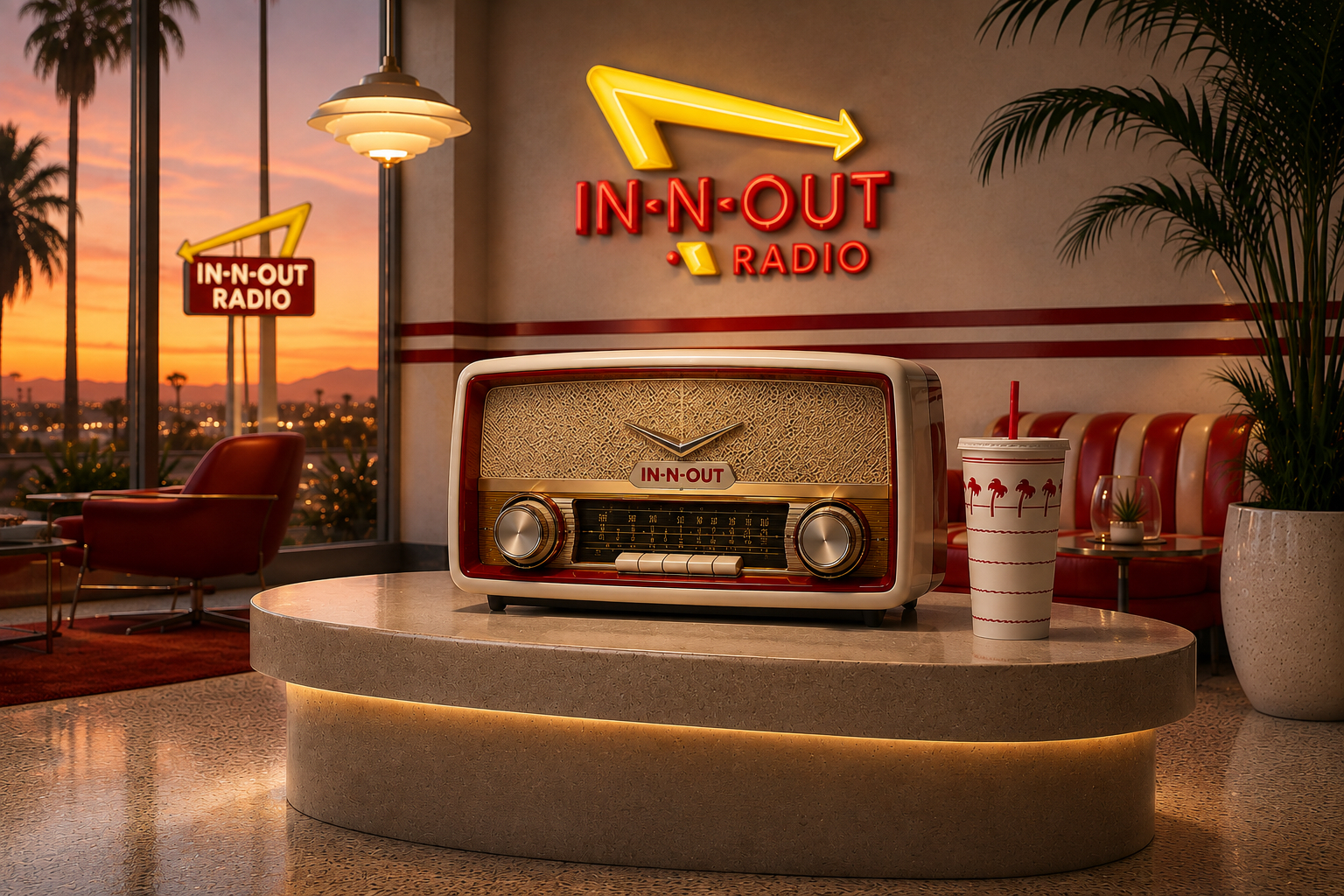 In-N-Out Radio private showroom with a California-inspired champagne radio